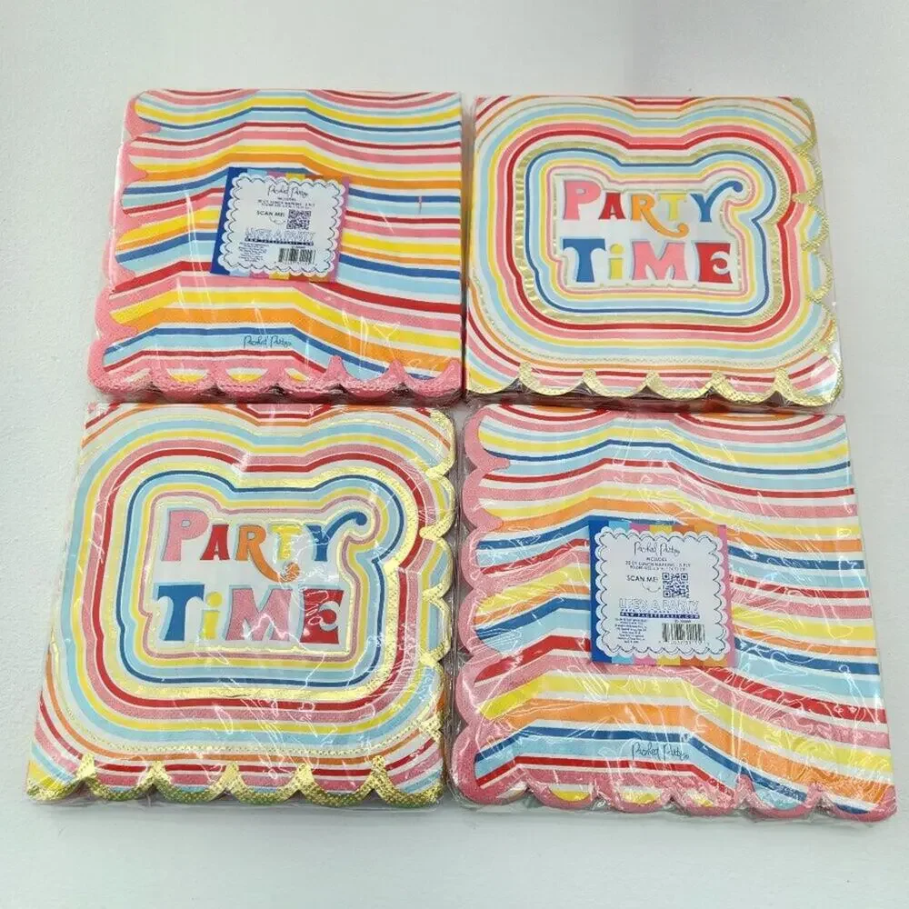Packed Party “Party Time” Napkins 20ct 3‑Ply 6.5in Rainbow Foil Scallop